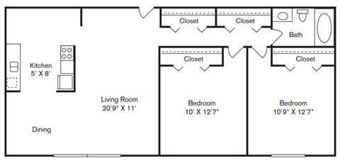 Floor plan for 2 beds, 1 bath, 822 sqft